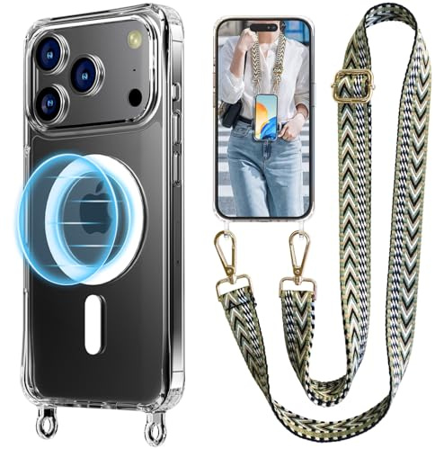UnnFiko Handyband für iPhone 18 Pro/17 Pro Hülle mit Band,Transparent Handyhülle Magnetische zum Umhängen Schutzhülle mit Kette Kordel Weich Silikon Case,Grasgrün Jacquard