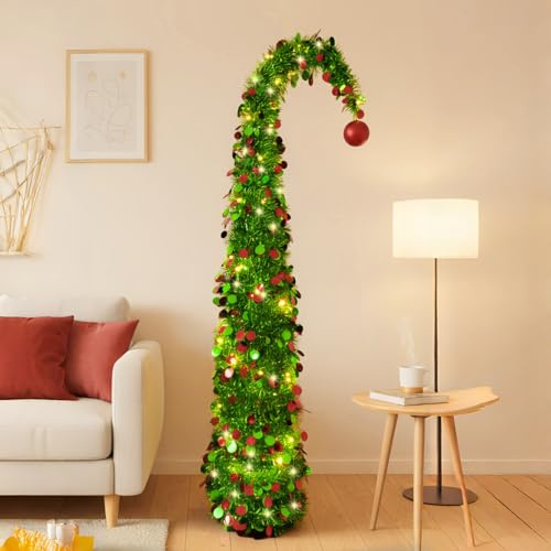 TOPSOSO Pop-Up-Weihnachtsbaum 150cm Grün Tinsel Weihnachtsbaum mit Rot-Grünen Pailletten – Faltbarer Pop-Up Tannenbaum für Kamin, Wohnungseingang, Büro, Flur, Boutique, Weihnachtsdeko Innen