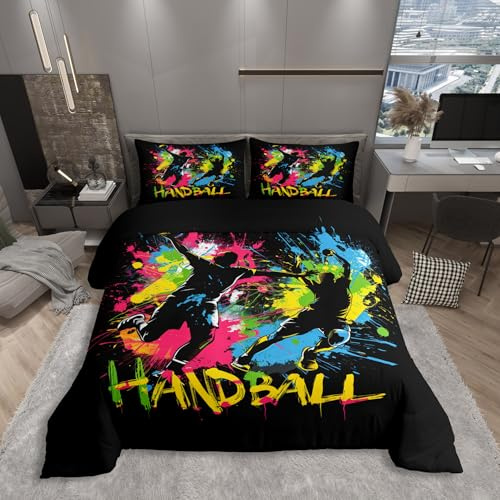 Homewish Handball Bettbezug für Kinder Farbenfroher Splatter Kunst Bettwäsche 135x200cm Athleten Silhouetten Bettwäscheset Sportbegeisterte Handball-Fans Bettset Mikrofaser Zimmerdekor 2 Teilig Weich