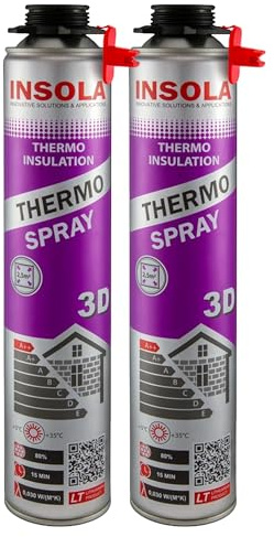 Sprühdämmung 850ml PU-Sprühisolierung INSOLA Thermo Spray 3D Isolierschaum Wärmedämmung Schallschutz Sprühschaum für schwer zugängliche Stellen Bau Innen Außen
