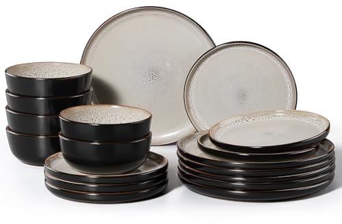 HaWare Geschirrset 6 Personen, 18-tlg Steingut Geschirr Teller Set Reaktive Glasur Tafelservice Set mit Speiseteller Dessertteller und Müslischüsseln, Mikrowellen- und Spülmaschinenfest, Khaki