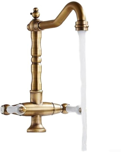Rubinetto per lavabo in ottone antico in stile europeo con due volantini, struttura in rame per una maggiore durata e rubinetto miscelatore con flusso d'acqua aerato morbido (stile antico)