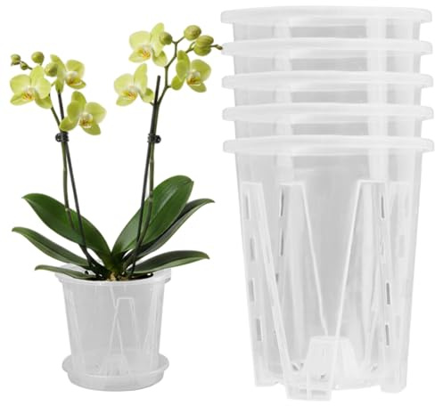 SMELEYOU Vasi per orchidee trasparenti da 5 pezzi con fori e piattini Fioriera in plastica per orchidee Phalaenopsis e piante aroidi da interno/esterno 14 cm