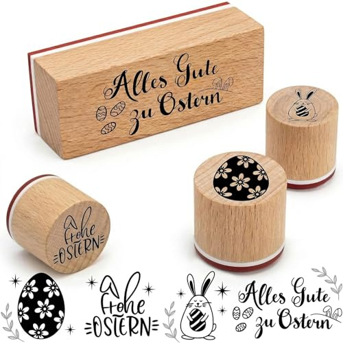 4er Set Stempel Frohe Ostern, hochwertige Holzstempel für DIY Scrapbooking, Osterstempel mit Hase und Ei Motiven, Frohe Ostern Stempel für Kartenherstellung, Stempel Frühling Deko