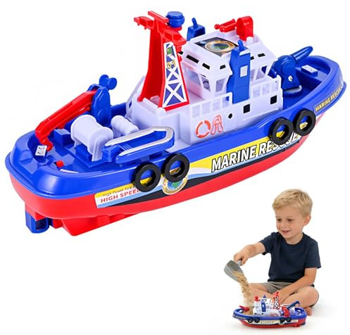 Boat Bath Toy, Fire Rescue Boat Toy Water Play Games, Battery Operated Ship with Automatic Water Spray, Lights & Music for Bathtub Pool Beach