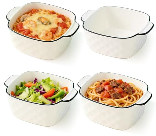 Juego de 4 cazuelas de cerámica de 400 ml, pequeñas 14,3 x 11 x 5,3 cm, moldes cuadrados con asas, apilables de cerámica para freidora de aire caliente, horno y microondas (estilo 2)