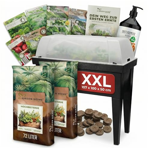 Green Home Hochbeet Set XXL 107 x 100 x 50 cm Balkon-Hochbeet mit Abdeckung als Frühbeet nutzbar inklusive Saatgut und Dünger Pflanzkasten aus Kunststoff für Kräuter und Gemüse