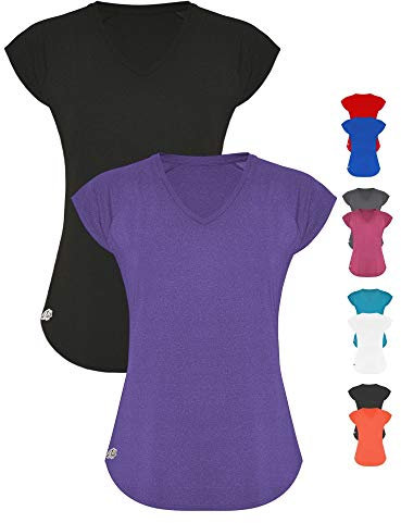 GO HEAVY Damen 2er-Pack Fitness Funktions Sport T-Shirt Laufshirt Kurzarm Schnelltrocknend | Schwarz/Mauve XL