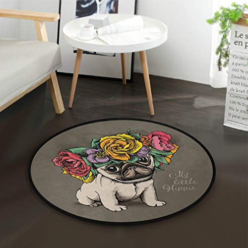 Mnsruu Hippie Teppich mit süßem Mops-Welpe, Vintage-Stil, rund, für Wohnzimmer, Schlafzimmer, 92 cm Durchmesser