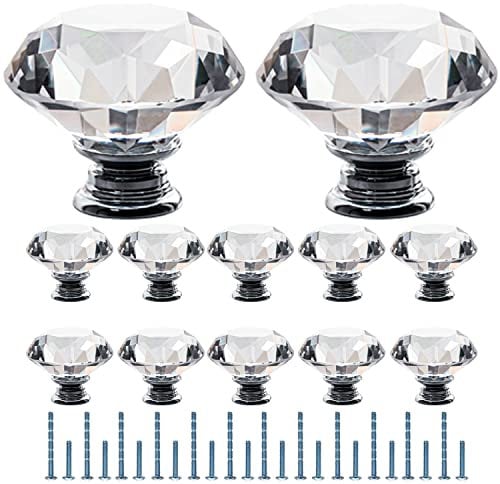 FURNIWARE Clear Crystal Door Knobs, 12 Pcs 50mm Crystal Glass Door Drawer Knobs Diamond Cut Drawer Handles with 3 Sizes Screws for Cupboard Cabinet Wardrobe Home Decorating