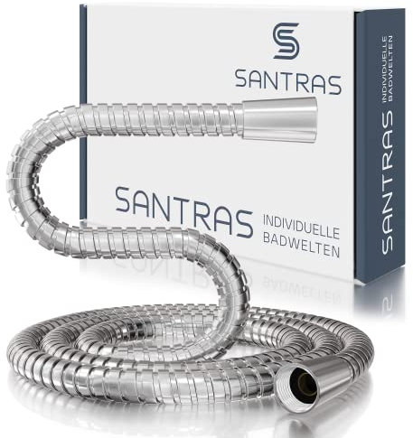 SANTRAS® Metall Duschschlauch DELUXE 1,60 m lang mit Wassersparer in Chrom– Besonders hochwertiger und verdrehsicherer Brauseschlauch mit DURCHFLUSSBEGRENZER in Edelstahloptik