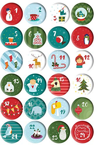 Schöne Adventskalender-Zahlen, Buttons, Anstecker (Ø 32 mm): Weihnachtsmotive, Zahlen 1 bis 24, button badges für Weihnachtskalendern-Säckchen