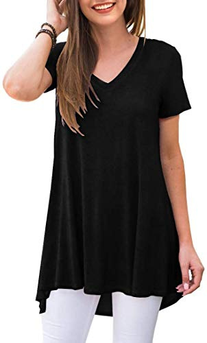 POPYOUNG Women's long Tunic Tops to Wear with Leggings Summer Short Sleeve Loose Fit Dress Shirts M-5XL XXL, Black