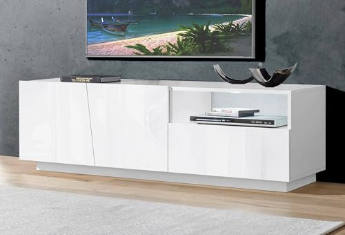Dmora Mobile Porta TV Nino, Credenza Bassa da Soggiorno a 2 Ante, Base Porta Televisione, 100% Made in Italy, cm 150x43h46, Bianco Lucido