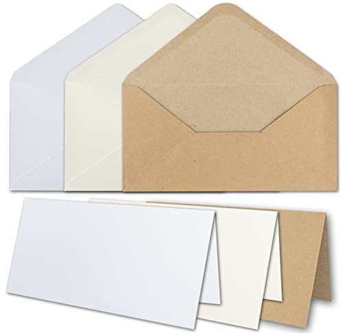 45x Faltkarten Set DIN Lang mit Briefumschlägen in Weiß, Creme und Kraftpapier Braun - Nassklebung, spitze Klappe - für Einladungen und Grußkarten
