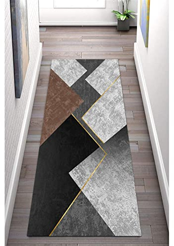 LIHY Teppich Läufer 90×180cm Flur rutschfest Schwarz Grau, Moderner Geometrie Simplicity Vintage Polyester Teppich Moderner Innendekor Teppich, Breite 60cm/ 80cm/100cm/ 120cm