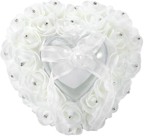 Almohada de Anillo de Boda, Caja de Anillo de Boda para Portador de Anillo en Forma de Corazón para Compromiso de Propuesta, Caja de Anillo de Corazón de Boda de Rosa de Cristal de Encaje(Blanco)