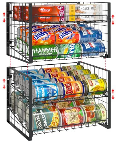 JKsmart 2-Tier Stackable Can Rack Organizer for Pantry, Adjustable Dispenser Holds Up to 62 Cans, Storage Holder for Various Ounces of Canned Food Soda Drinks, Black, 2 Pack (Patent Pending)