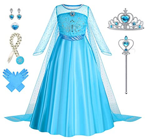 Foierp Elsa Kostüm Mädchen: 9-teiliges Set Elsa Kleid mit Krone Diadem Zauberstab Handschuhe für Halloween Cosplay Weihnachten Geburtstag Party