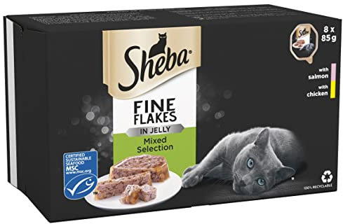 Sheba Fine Flakes Cat Food Trays Salmon and Chicken in Jelly Collection 1 Case = 4 x 8 x 85 g