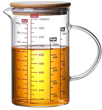 ZNZNANG Multi-Function Glass Measuring Cup, V-Shaped Spout and Three Scales, with Handle and Bamboo Lid Glass Beaker for Kitchen or Restaurant (1000ml)