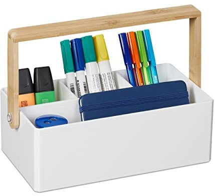 Relaxdays Organizer mit Griff, 4 Fächer, tragbar, Aufbewahrung, Bambus Henkel, Sortierbox, HBT 8,5 x 26 x 16 cm, weiß