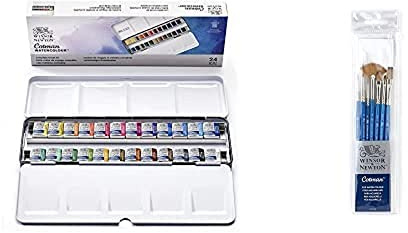 Winsor & Newton 390645 Cotman Water Colour Box-24, 24 x Half Pan Metal Sketchers' Box, Aquarellkasten Bundle, Cotman Brush Short Handle Set, Pack of 7