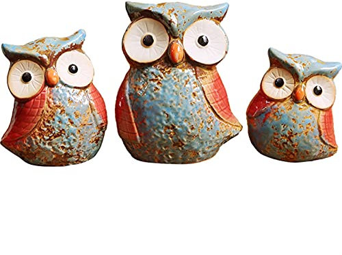 WANWEN Gartenskulpturen DREI niedliche Eulen-Gartenskulpturen, Keramik-Eulenfamilie, Außen- und Innenfiguren, Tiervogelfiguren, Gartenornamente Little Surprise