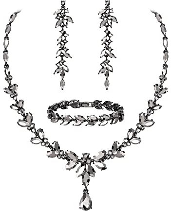 EVER FAITH Schmuckset Österreichisches Kristall Braut Schmuck-Set, Elegante Marquise Strass Blatt Halskette mit baumelnden Ohrringen Tennis-Armband-Set, Schwarz Schwarz-Tone