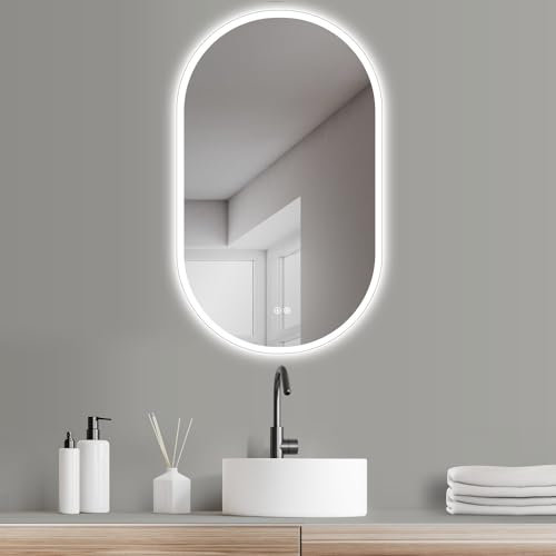 HOKO® Design ANTIBESCHLAG Badspiegel oval 60x100 cm / 100x60 cm Triest im XL Format. HOCH+QUER Montage. Großer LED Spiegel. Mit 2 Touch Schalter + LED Licht Wechsel-Warmweiß-Kaltweiß-Neutral