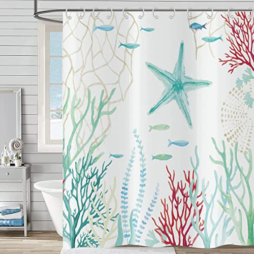 Hnmdmyi Duschvorhang Seestern 180x200, Aquarell Tropische Fische Nautische Küste Ozean Duschvorhänge Unterwasser Marine Leben Badewanne Vorhang Wasserdicht Polyester Stoff Waschbar Badevorhang