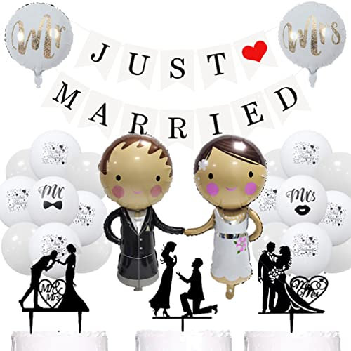 Guoguonb Hochzeitsdek Brautpaar Folienballon Just Married Banner Luftballons Mr und Mrs Tortendekoration Cake Topper für Verlobung Hochzeit Heiratsantrag Standesamt