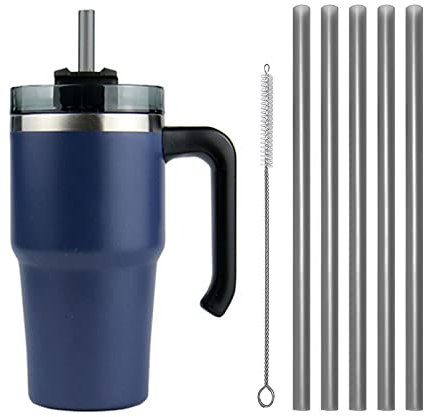 Moollyfox Taza isotérmica con asa, tapa de cepillo y 6 pajitas taza de café, acero inoxidable, sin BPA, doble aislado, vaso aislante para agua, café, batido y bebidas, color azul 20oz/600 ml