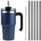 Moollyfox Mug Isotherme avec Poignée Couvercle Brosse et 5 Pailles Tasse à Café Acier Inoxydable sans BPA Double Isolée Gobelet Isotherme pour Eau, Café, Smoothie et Boissons Bleu 20oz/600ml