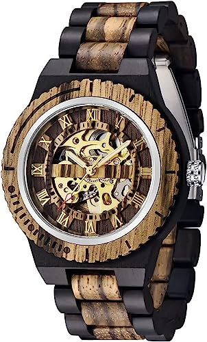 Tiong Mechanische Holzuhr Für Männer, Herren Automatische Skelettuhr aus Holz, Geschenke für Männer