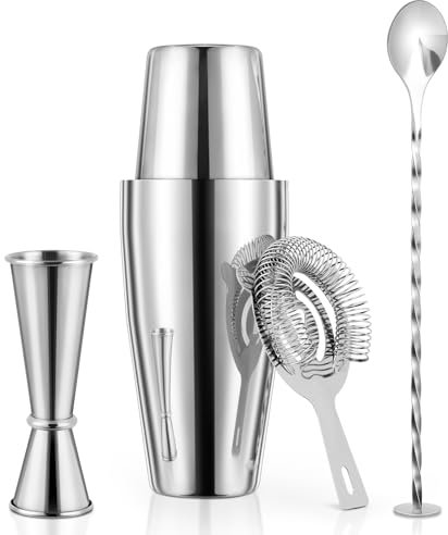 X Home Cocktail Shaker Set, Professional 4-Piece Bartender Kit with Boston Shaker, Hawthorne Strainer, Double Measuring Cocktail Jigger, and 10-inch Mixing Spoon, Bartender's Choice