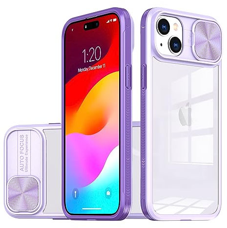 Dqtaoply Coque iphone 15, avec Lentille Coulissante Caméra Protection Étui Antichoc Silicone TPU + PC Housse Anti-Rayures Dos Transparente Case pour iphone 15(Violet)