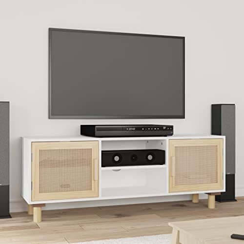 SKM Meuble TV blanc 105 x 30 x 40 cm en pin massif rotin naturel, poids : 13,35 kg, 345615