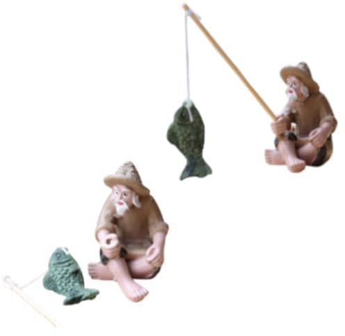 RUDFUZ Mini-Fischer-Figuren aus Kunstharz, Bonsai-Skulptur, Vintage, sitzend, Fischerstatue für drinnen und draußen, Garten, Aquarium, Bonsai, Terrasse, Dekoration, 2 Stück