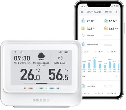 INKBIRD Termometro Igrometro WiFi,IBS-TH5 Sensore Temperatura Wifi,Tempo Reale Meteo e Previsione,E-ink Display,APP Controllo,Notifica di Allarme,Stazione Meteo WiFi per Casa,Ufficio,Cameretta,Serra