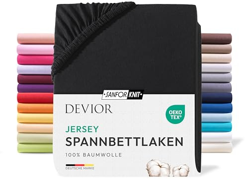 Devior Jersey Spannbettlaken 140x200cm - 160x200cm, 100% Baumwolle, Matratzenhöhe bis 22cm, Schwarz – 135 g/m² Anti-Statisches, atmungsaktives Bettlaken mit Einlaufschutz, Matratzenbezug Schwarz