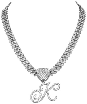 Flongo Damen Kette Silber Halskette: Iced out cuban link chain Kuban Plattenkette statement panzerkette modeschmuck Frauen choker hip hop schmuck ketten mit A Anhänger Geschenk für Herren Mädchen