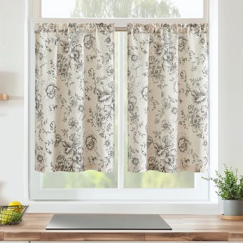 Vangao Scheibengardinen Modern Küche Vorhang Blumen Vintage Leinenoptik Bistrogardine 2er Set 65Bx60Hcm Landhausstil Wohnwagen Gardinen Kurz Beige und Schwarz Wohnzimmer Küchengardinen Halbtransparent