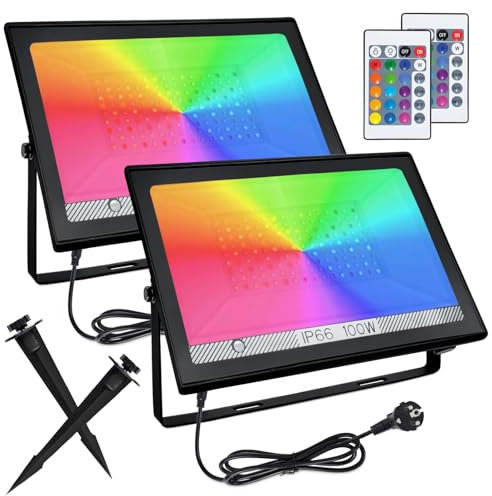 GOQELK Faretto LED RGB per Esterni, 100 W Con Telecomando, 16 Colori, 4 Modalità