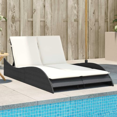 Festnight Lettino da Giardino, Lettino Prendisole, Schienale Regolabile, con Cuscini, in Polyrattan Nero 114x205x73 cm