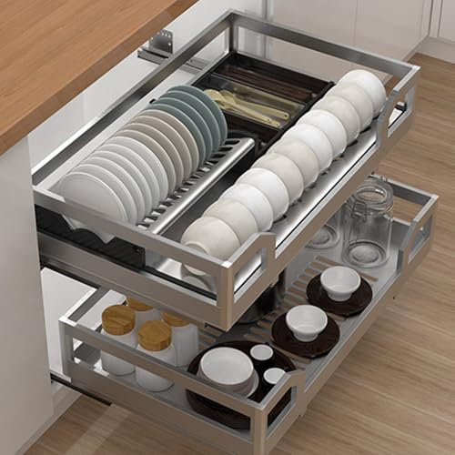 ToeWoe Organizador Extraíble para Armarios Escurreplatos Deslizante de 2 Niveles para Armario de Cocina con Escurridor Extraíble Cesta de Acero Inoxidable para Cajones Extraíbles(For 29.5in Cabinet)