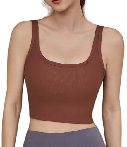 FMLQYZ Sport BH Damen Yoga Shirt Sport Top mit Integriertem BH Longline Geripptes Tanktops Frauen Workout Ärmellose Shirts Braun M