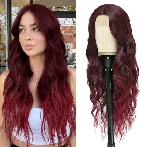 BUPPLER Cosplay Long Burgundy Wig 26 Inch Middle Part Synthetic Wig Realistic Gifts Party Wigs for Women Daily Use Colorful Wigs (Burgundy)