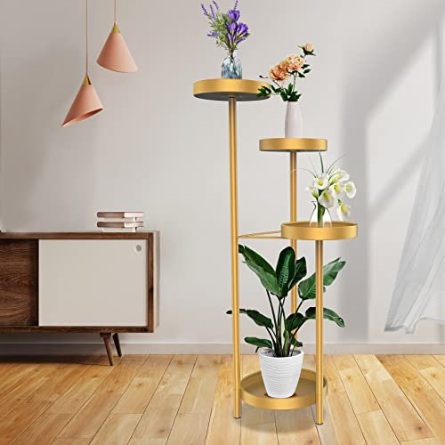 MATEPROX Metal Plant Stand Indoor Outdoor, 4-Tier Foldable Tall Plant Shelf with 4 Gold Flower Pot Holders, Corner Planter Rack for Living Room, Bedroom, Office, Garden-Gold