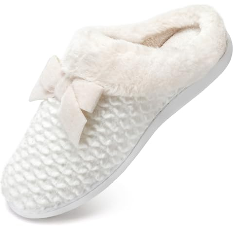 Bow Tie Ladies Memory Foam Winter Warm Home Slippers (White, 7/8 UK)